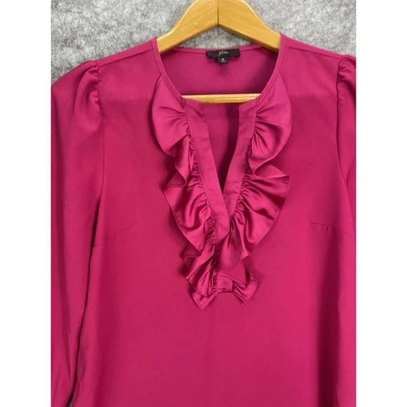 J.Crew Pink Ruffle Front Long Sleeve V Neck Satin Blouse Top Womens size Medium - Picture 2 of 9